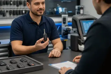 Chaveiro trabalhando em uma máquina de confecção de chaves codificadas em Garanhuns.